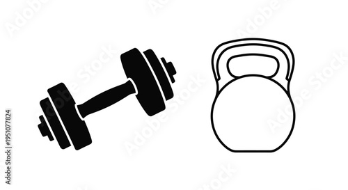 Black and white illustration of a dumbbell and kettlebell fitness equipment