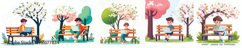 vector of a little boy sitting on a park bench with a laptop during spring