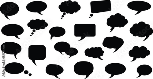 Speech bubble icon set, chat and dialogue symbols collection, communication message shapes, comment cloud silhouettes, social media conversation vector