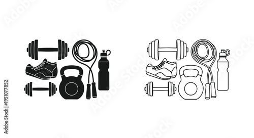 Fitness equipment collection dumbbells shoes jump ropes kettlebell and water bottle