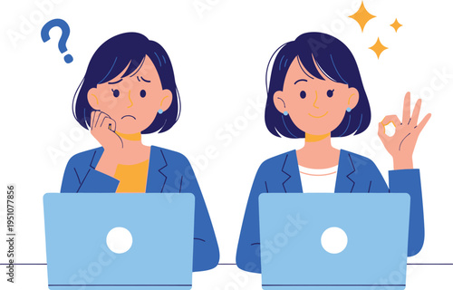 Woman showing confusion and clarity working on laptop, representing problem solving or decision making