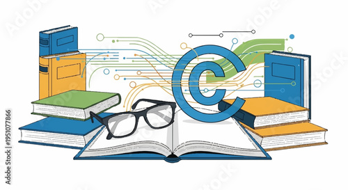 Books glasses and circuit boards stacked together with a copyright symbol on an educational background