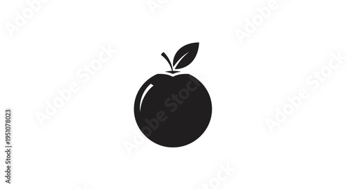 Simple black silhouette of an apple with a leaf on a white background