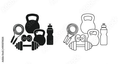 Fitness equipment icons kettlebells dumbbells jump ropes and water bottles