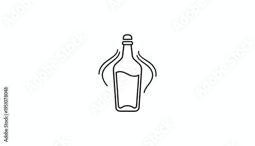 Glass bottle with liquid and steam, simple line art icon, representing hot beverage or distillation