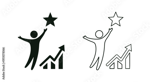 Two figures reaching for stars above rising charts in black and green