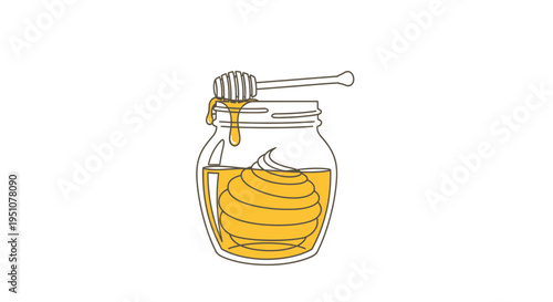 Golden Honey Jar with Dipper, Sweet Liquid Food, Healthy Organic Ingredient