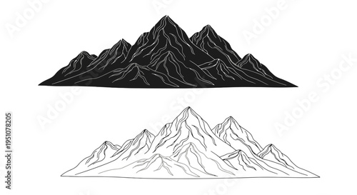 Stylized mountain range illustration with black and white linework designs