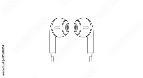 Earbuds Line Art Drawing, Minimalist White Background, Audio Device Icon