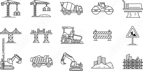 Construction machinery and building site line icons set with crane, excavator, cement mixer, road roller and industrial equipment outline vector collection