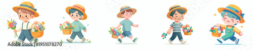 vector little boy walking carrying a basket of flowers with spring costume
