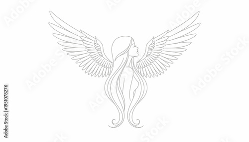 Elegant Angel Woman with Majestic Wings, Serene Profile, Flowing Hair