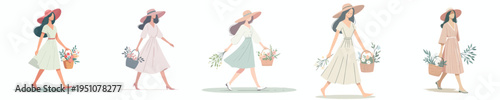 vector woman walking carrying a basket of flowers during spring
