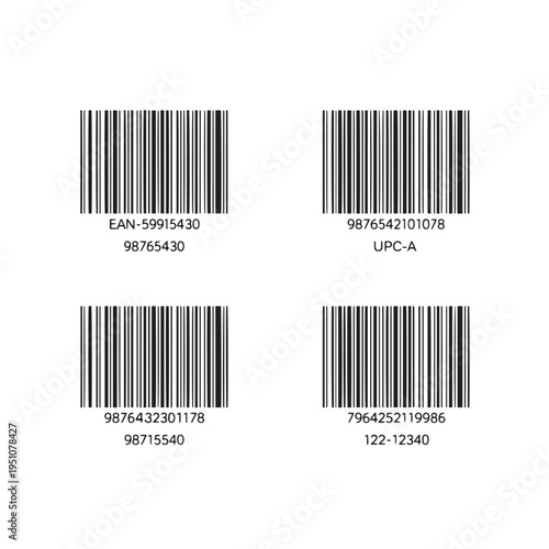 Barcode scan lines with numbers below representing retail product identification codes and EAN UPC labels for tracking merchandise information on products