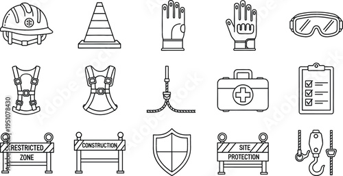 Construction safety equipment line icons set with helmet, gloves, harness, first aid kit, safety barriers and protective gear outline vector collection