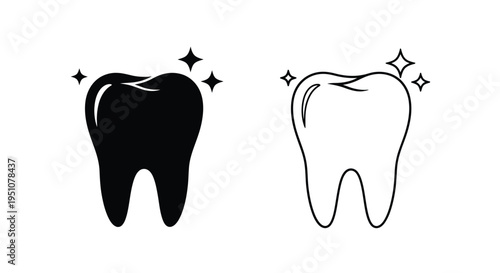 Two tooth illustrations one solid black and one white outline with sparkles