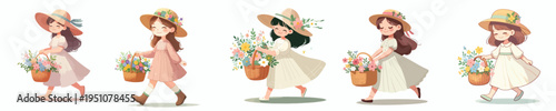 vector little girl walking carrying a basket of flowers with spring costume