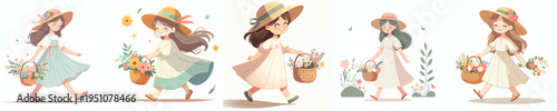 vector little girl walking carrying a basket of flowers with spring costume