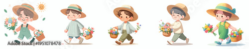 vector little boy walking carrying a basket of flowers during spring