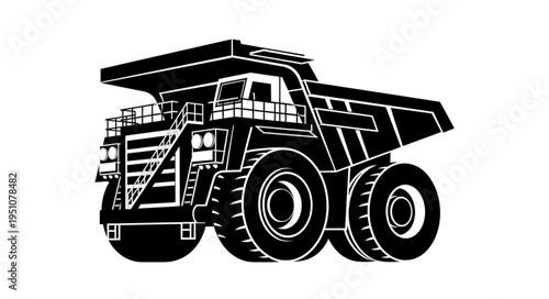 Detailed Black and White Illustration of a Mining Dump Truck.