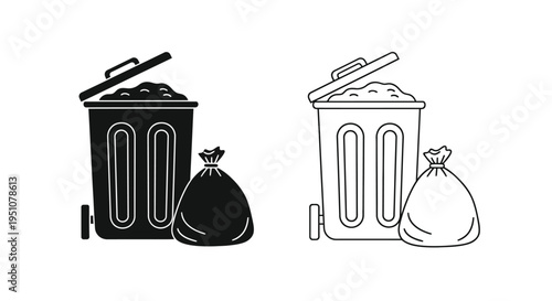 Two black and white illustrations of trash cans and garbage bags