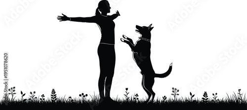 Woman with dog silhouette playing outdoors friendship pet training love nature scene black white vector illustration design