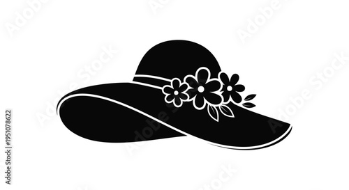 Black and white illustration of a wide brimmed hat adorned with flowers