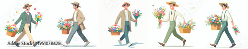 vector man walking carrying a basket of flowers during spring