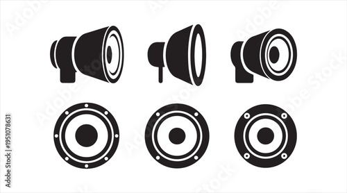 Black speaker monitor icon set, audio loudspeaker devices isolated on light background
