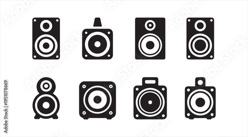 Audio speaker icon set, studio monitors and loudspeaker system symbols in minimal black design