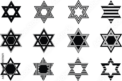 Star of David geometric icon set, jewish hexagram symbol collection with patterns stripes and outlines flat vector illustration