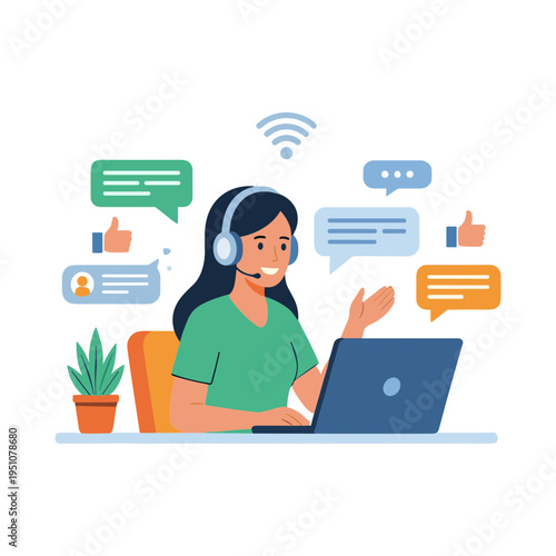 A woman wearing a headset sits at a laptop with speech bubbles around her.