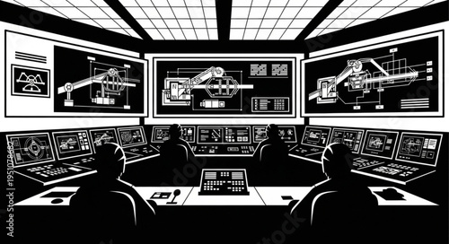 Control Room Monitoring Station with Operators and Multiple Display Screens.