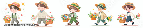 vector little boy walking carrying a basket of flowers during spring
