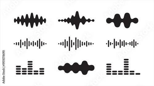 Audio waveform icons set, sound wave and frequency visualization elements in minimal black design