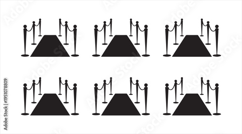 Red carpet VIP entrance icons set, luxury event walkway with barrier ropes in minimal black design