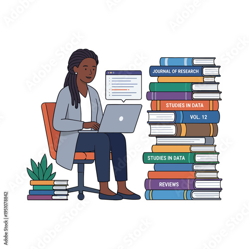 A woman studies intently with laptop among stacks of colorful books and a potted plant nearby indoors.