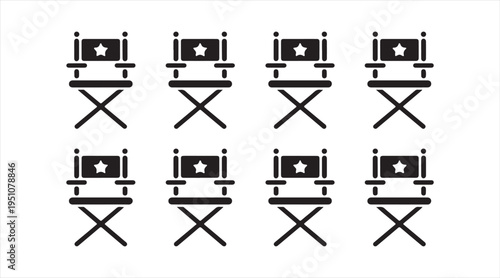 Black director chair icons set, cinema production seating isolated on light background