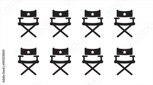 Director chair icon set, film production seating and cinema studio furniture in minimal black design