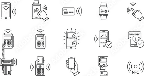 Contactless payment and NFC technology line icon set featuring smartphone tap pay POS terminal smartwatch wireless transaction and secure mobile payment systems