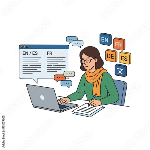 Woman translates languages on laptop with speech bubbles around her