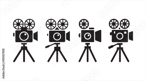 Classic movie camera collection, filmmaking and video production symbols in flat style