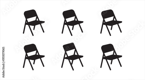 Folding chair icon set, portable seating furniture for events and gatherings in minimal black design