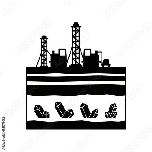 Crystal Mining Operation Silhouette - Extracting Resources from the Earth.
