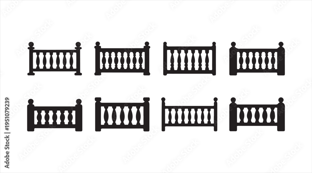 Naklejka premium Minimal railing and fence icon set, outdoor decorative balustrade elements isolated on light background