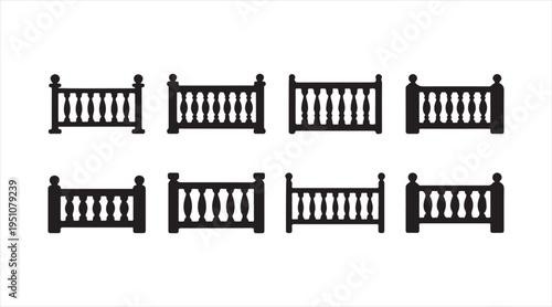 Minimal railing and fence icon set, outdoor decorative balustrade elements isolated on light background