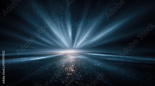 Blurred blue background with light beams, dark space and time vastness, off-center faint glow mysterious abstract atmospheric backdrop