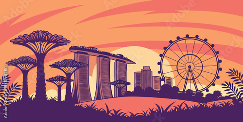 Singapore Cityscape Sunset with Marina Bay Sands Silhouette