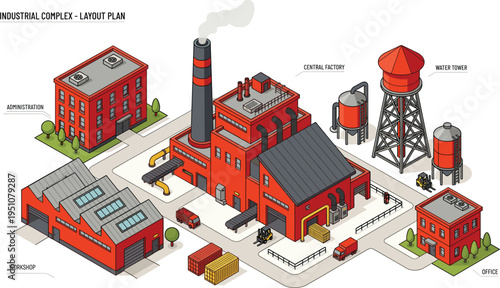 Industrial complex layout plan with central factory, workshop, administration office, water tower, and warehouse vector