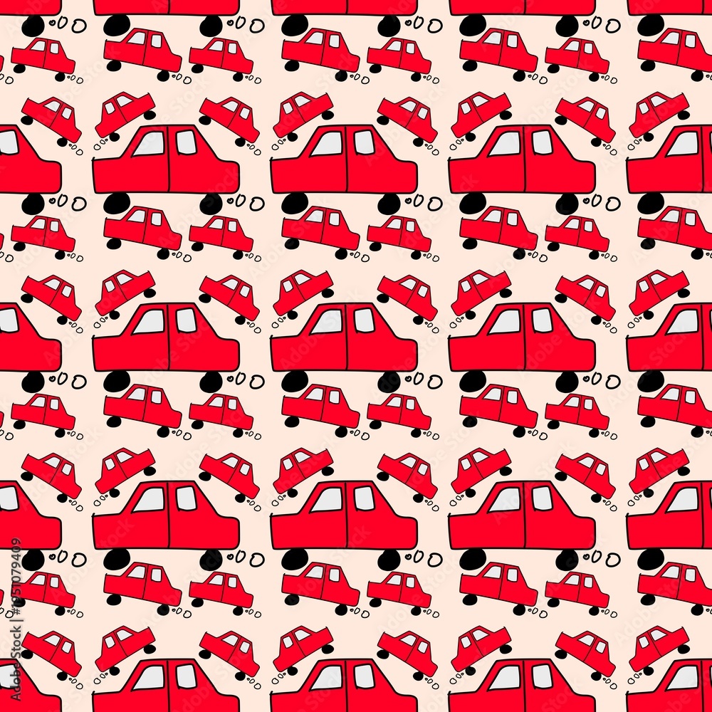 Fototapeta premium Seamless pattern of hand drawn red car doodles on cream background for kids fabric textile wrapping paper and wallpaper design.
